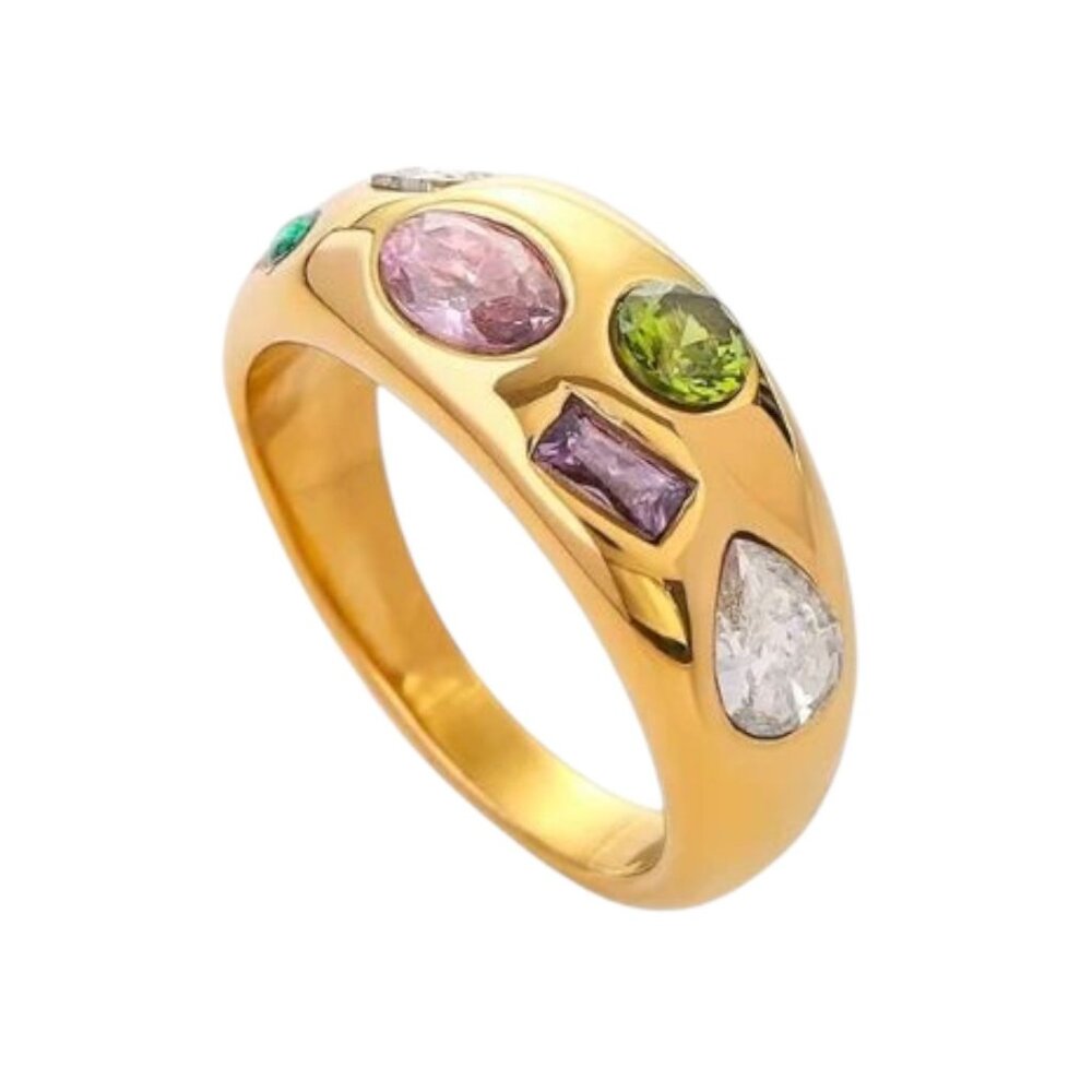 Bold 18K Gold‎ Plated Stainless Steel Ring With Multicolored CZ Stones